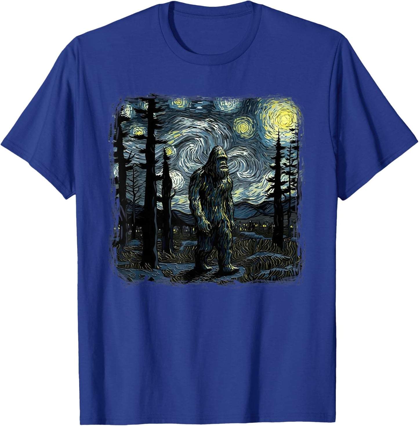 Bigfoot Starry Night Sasquatch Van Gogh Sky Painting Art T-Shirt - T-Shirt | Royal