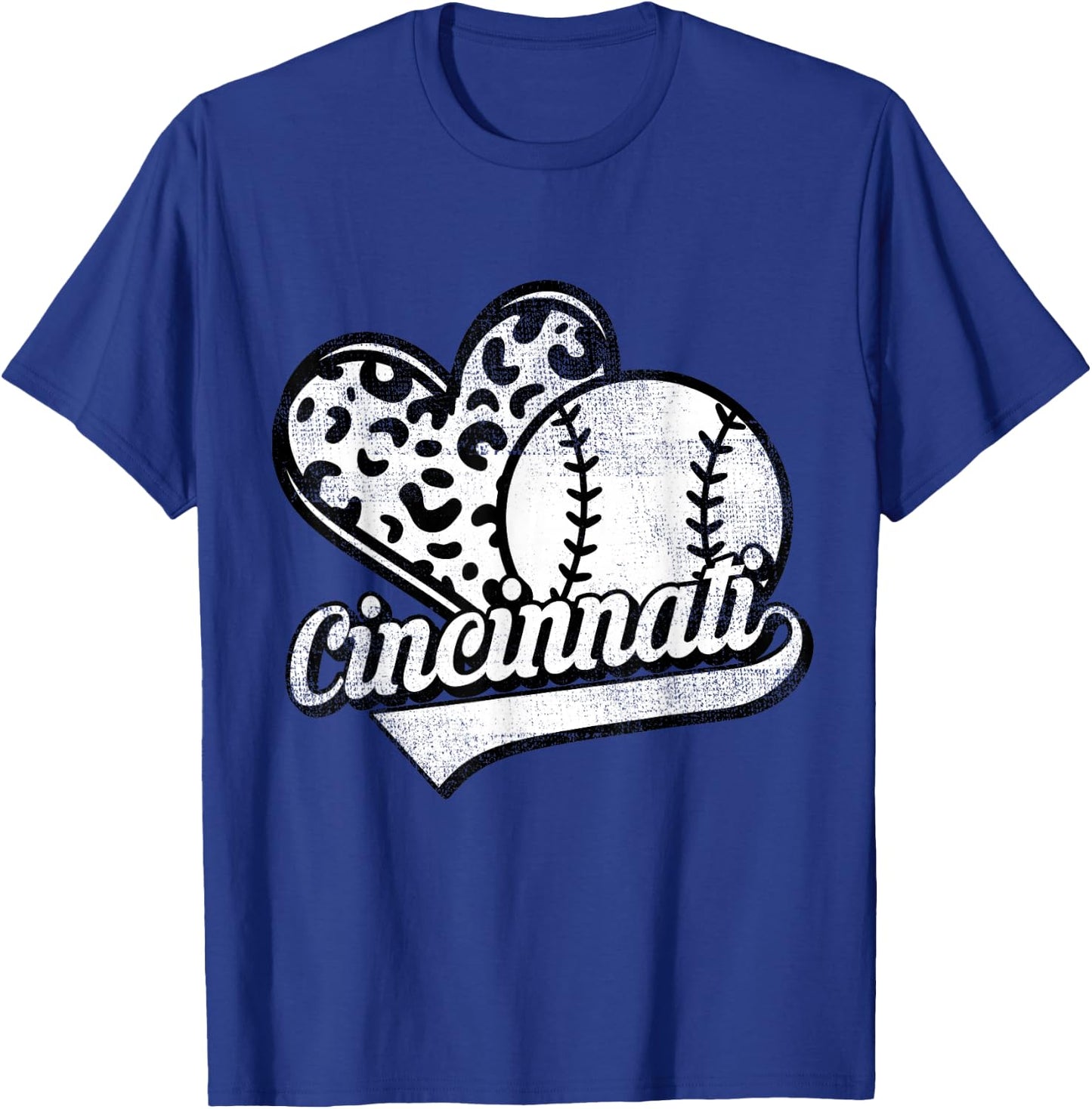 Vintage Cincinnati Baseball Leopard Heart Baseball Fans T-Shirt - T-Shirt | Royal