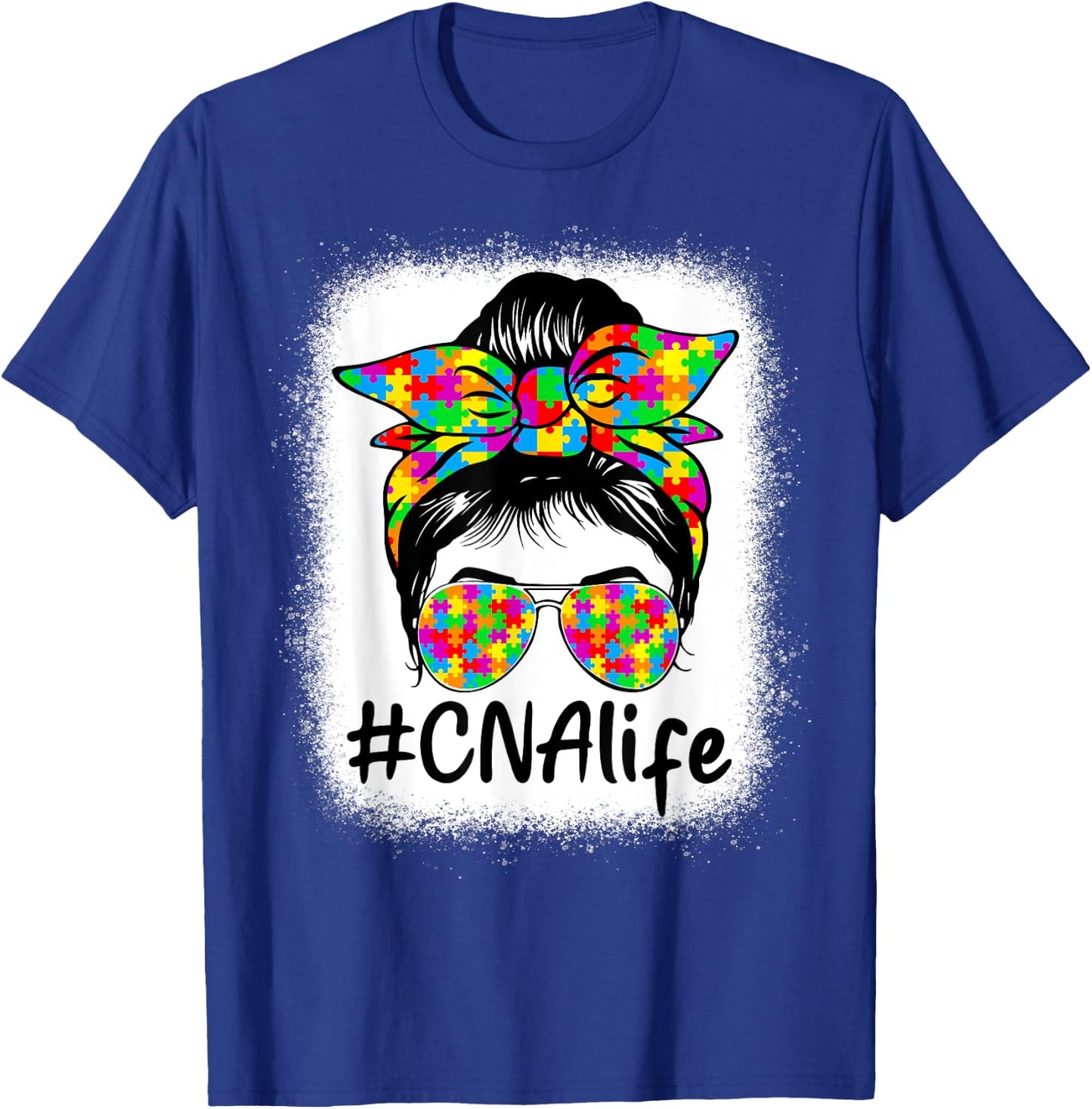 CNA Certified Nursing Assistant Messy Bun Autism Awareness T-Shirt - T-Shirt | Royal