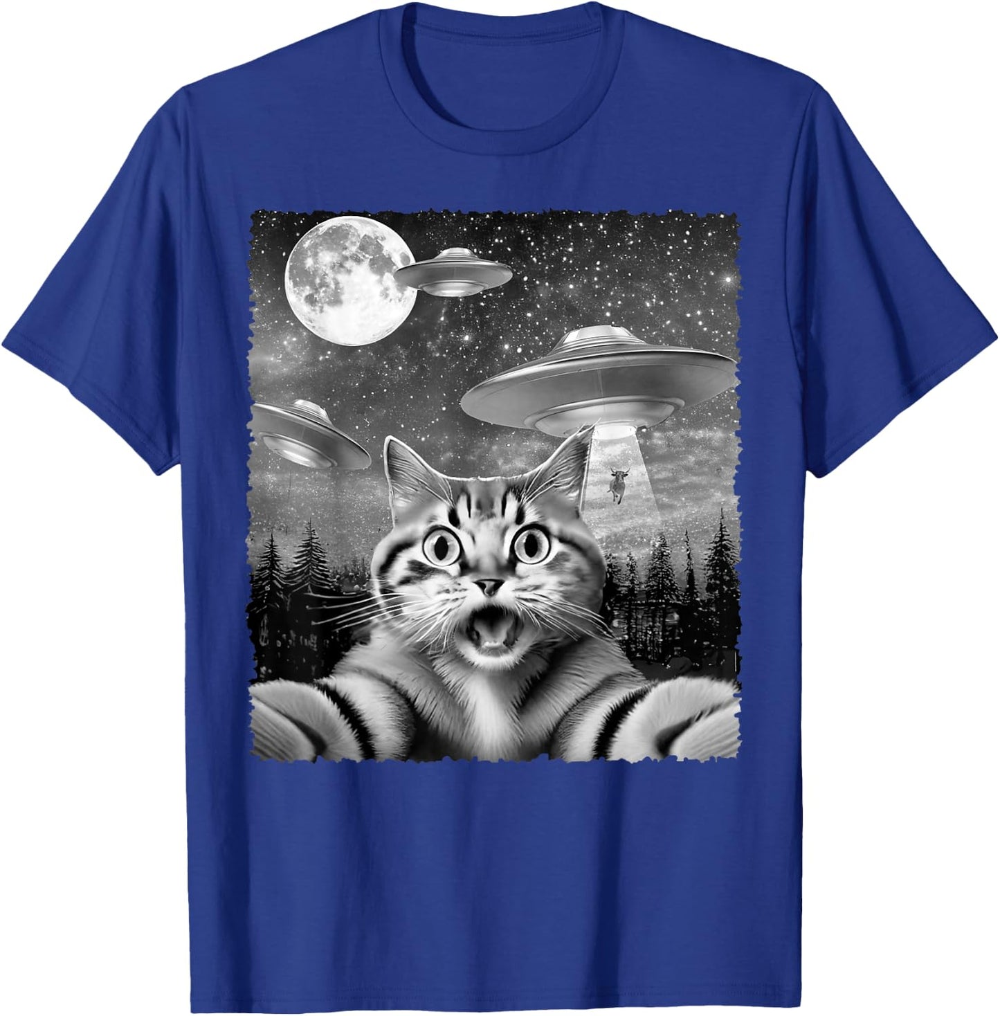 Funny Alien Cat Selfie with UFOs Gift Men Women Kids T-Shirt - T-Shirt | Royal