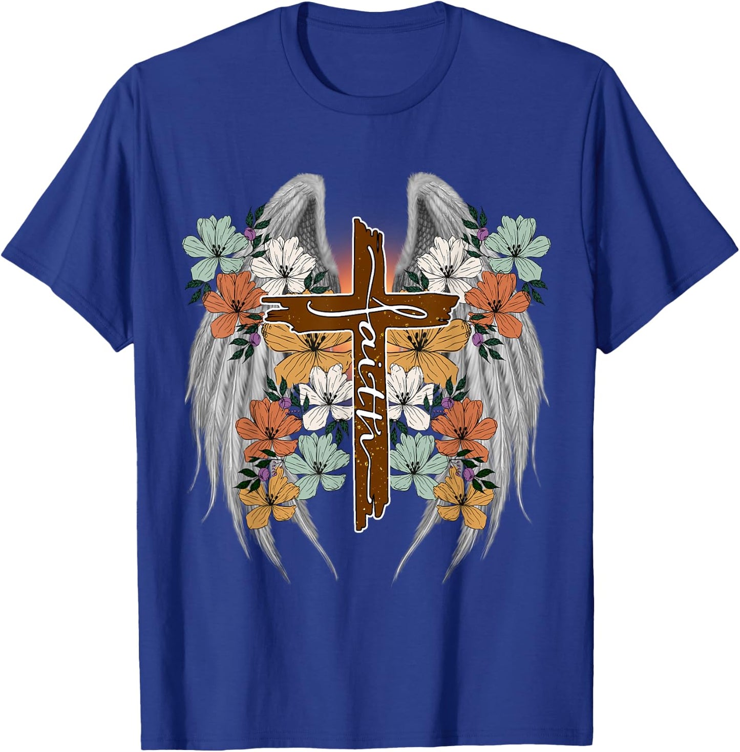 Cross Flowers Angel wings Faith Religious T-Shirt - T-Shirt | Royal