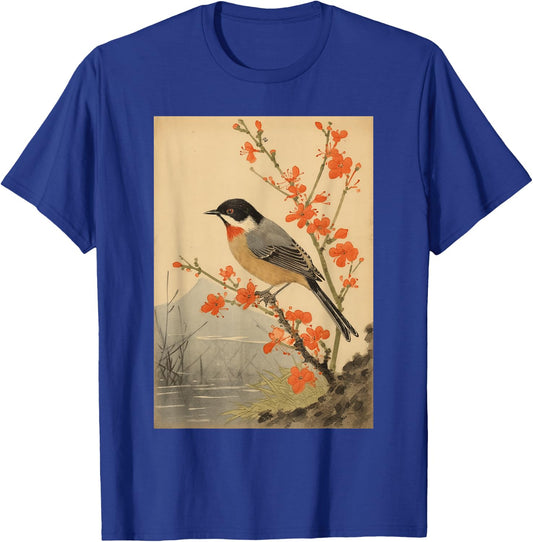 Japanese Woodblock Art - Vintage Songbird Beauty T-Shirt - T-Shirt | Royal