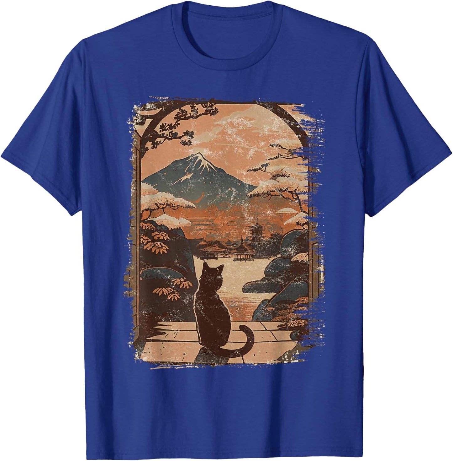 Japanese Cat with Landscape and Mountain T-Shirt - T-Shirt | Royal
