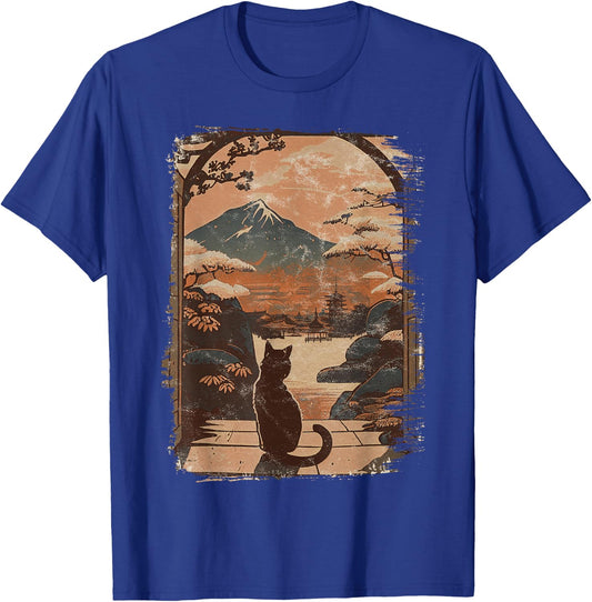 Japanese Cat with Landscape and Mountain T-Shirt - T-Shirt | Royal