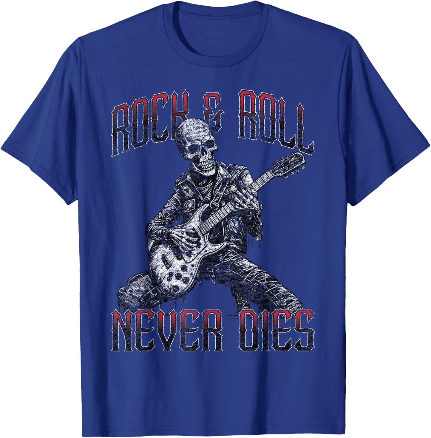 Rock and Roll Never Dies Skeleton Vintage ROCK Music T-Shirt - T-Shirt | Royal