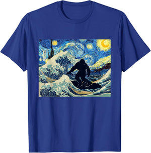 Starry Night Bigfoot Surfing Great Wave off Kanagawa T-Shirt - T-Shirt | Royal