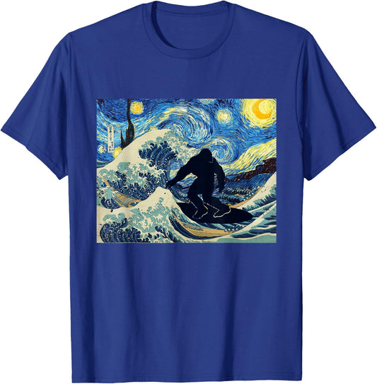 Starry Night Bigfoot Surfing Great Wave off Kanagawa T-Shirt - T-Shirt | Royal