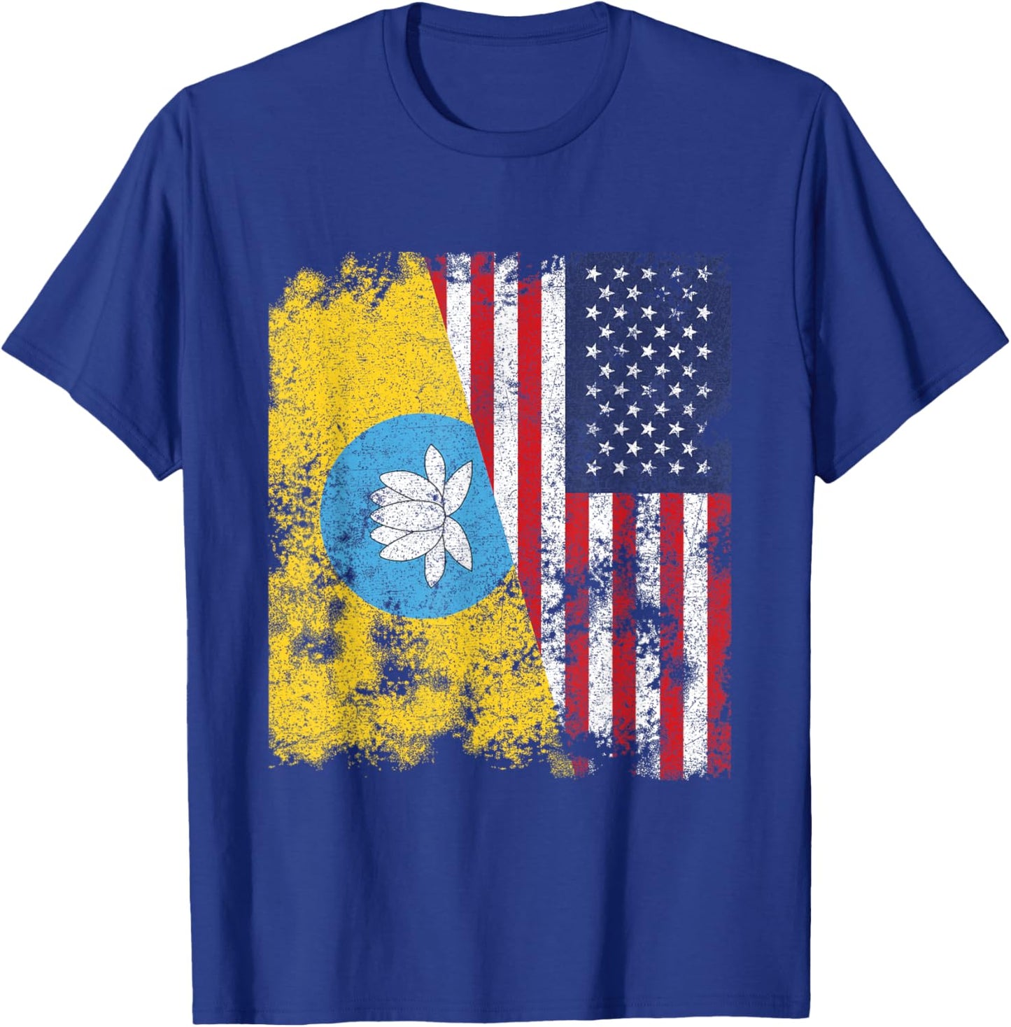Kalmykia USA Flag Distressed - Half American Women Kids Men T-Shirt - T-Shirt | Royal