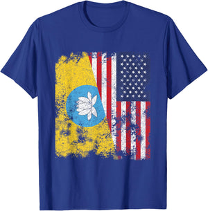 Kalmykia USA Flag Distressed - Half American Women Kids Men T-Shirt - T-Shirt | Royal