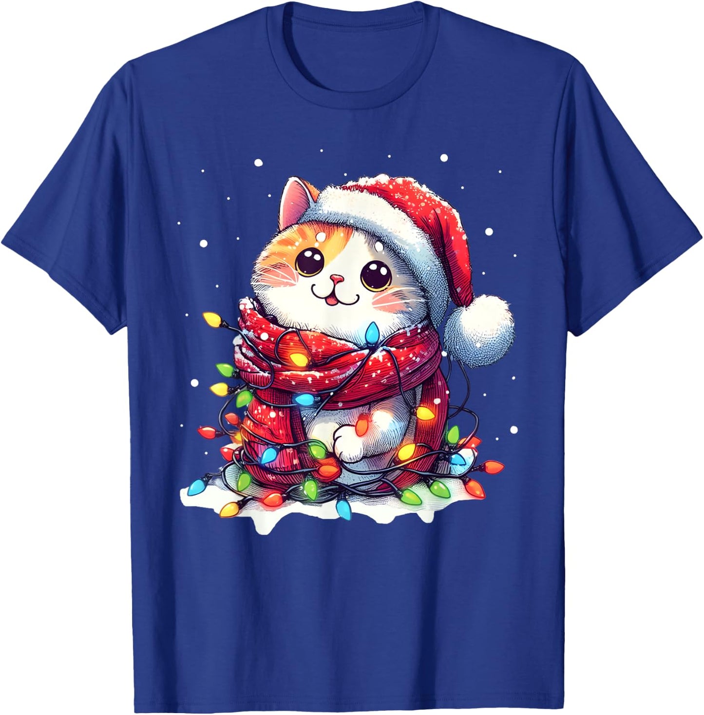 Funny Santa Cat Tangled Up in Christmas Lights Holiday Xmas Men Women Kids T-Shirt - T-Shirt | Royal
