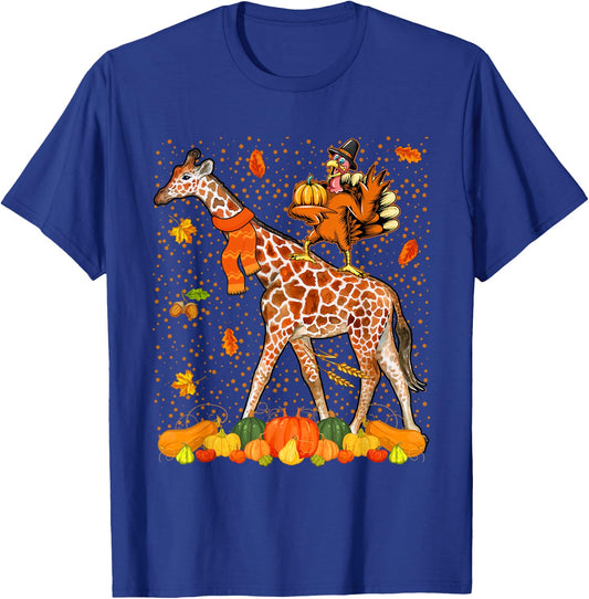 Wild Animal Thanksgiving Costume Thanksgiving Turkey Riding Giraffe With Fall Pumpkins -Adults Black Small Classic Fit Short Sleeve Cotton, Polyester Thanksgiving-themed T-Shirt - T-Shirt | Royal