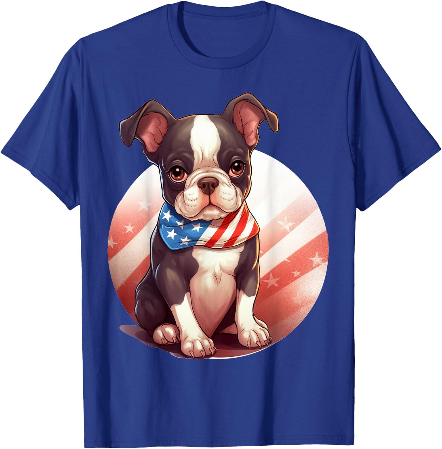 Brown Boston Terrier Puppy Dog American Flag 4th of July T-Shirt - T-Shirt | Royal