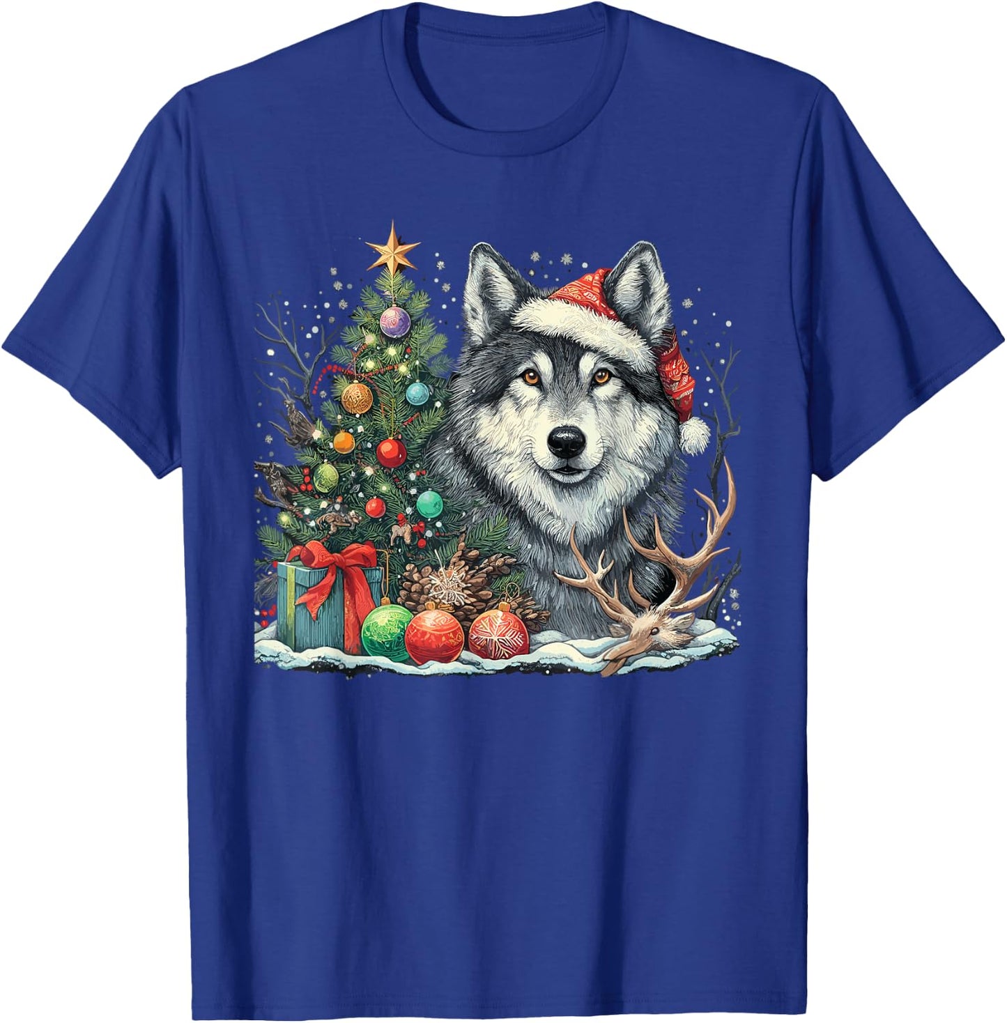 Cute Wolf With Christmas tree Wearing Santa Hat T-Shirt - T-Shirt | Royal