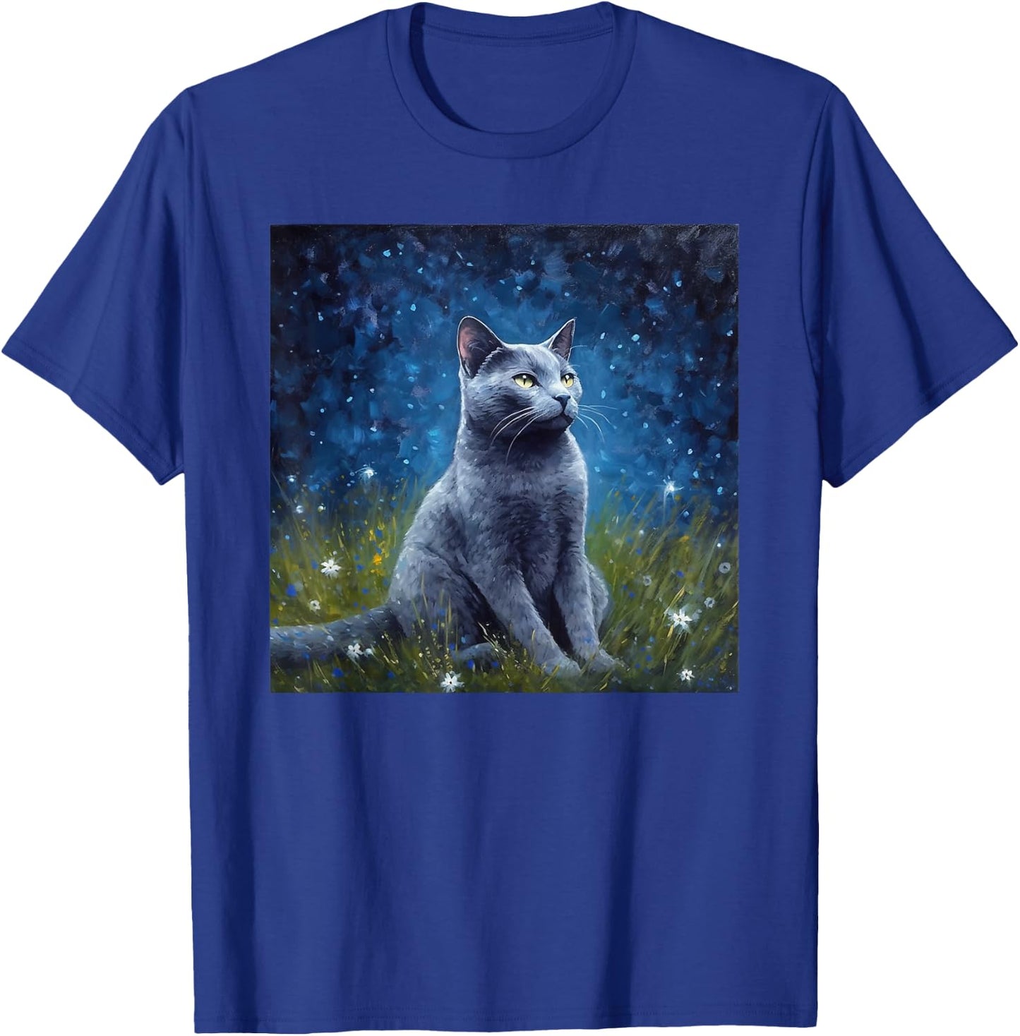 Cute Russian Blue Cat In A Starry Sky Night Painting T-Shirt - T-Shirt | Royal