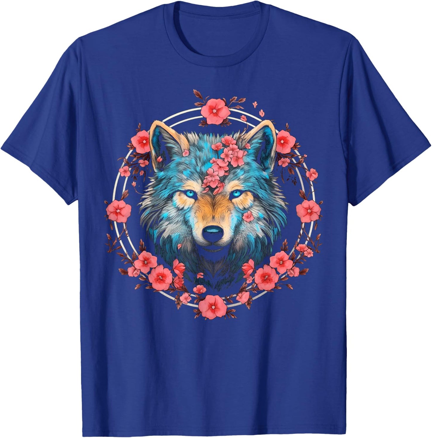 Wolf Blue Eyes Artwork | Cherry Blossoms Wolf T-Shirt - T-Shirt | Royal