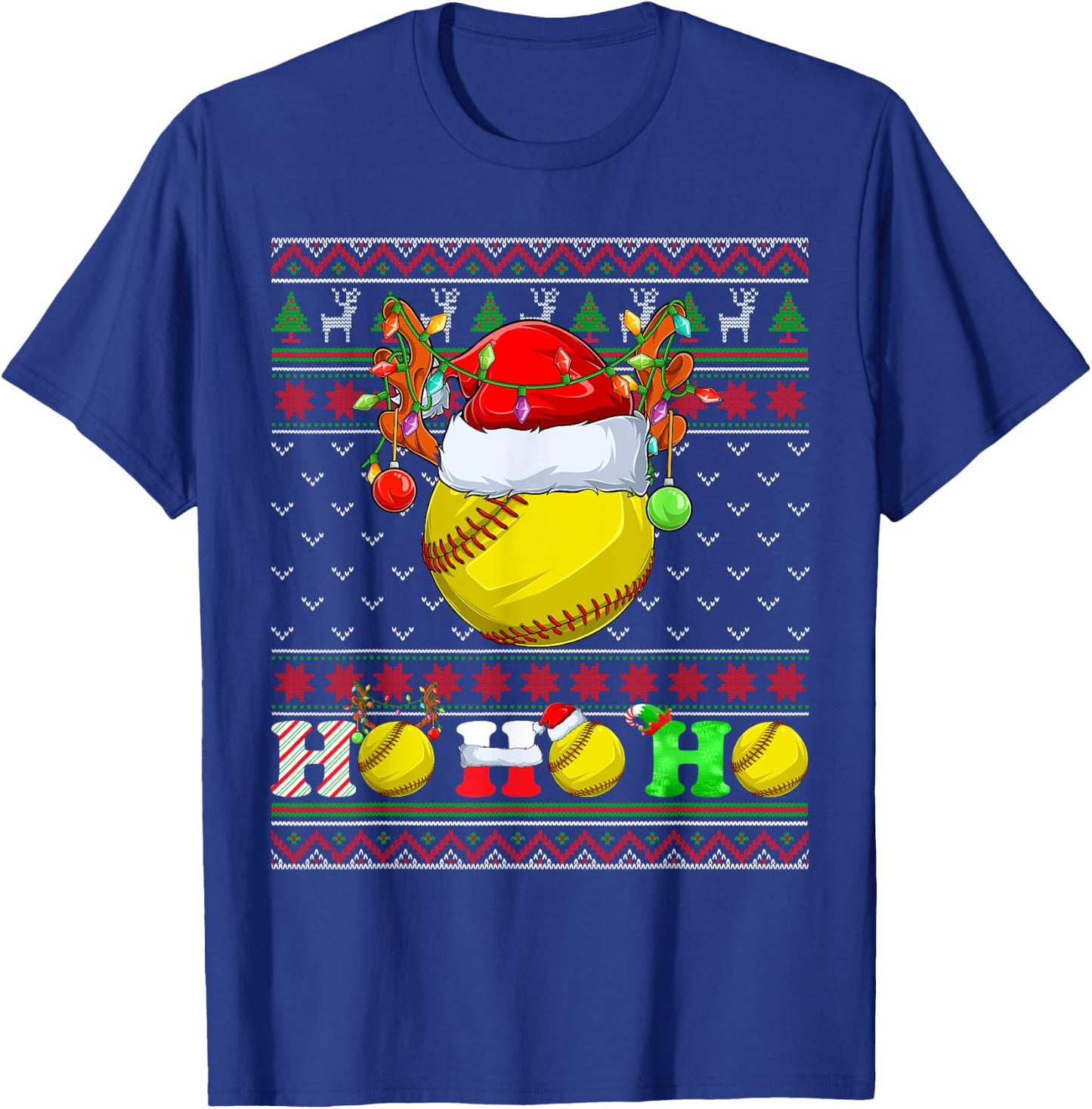 Funny Softball Ball Xmas Tree Lights Ugly Christmas Sweater T-Shirt - T-Shirt | Royal