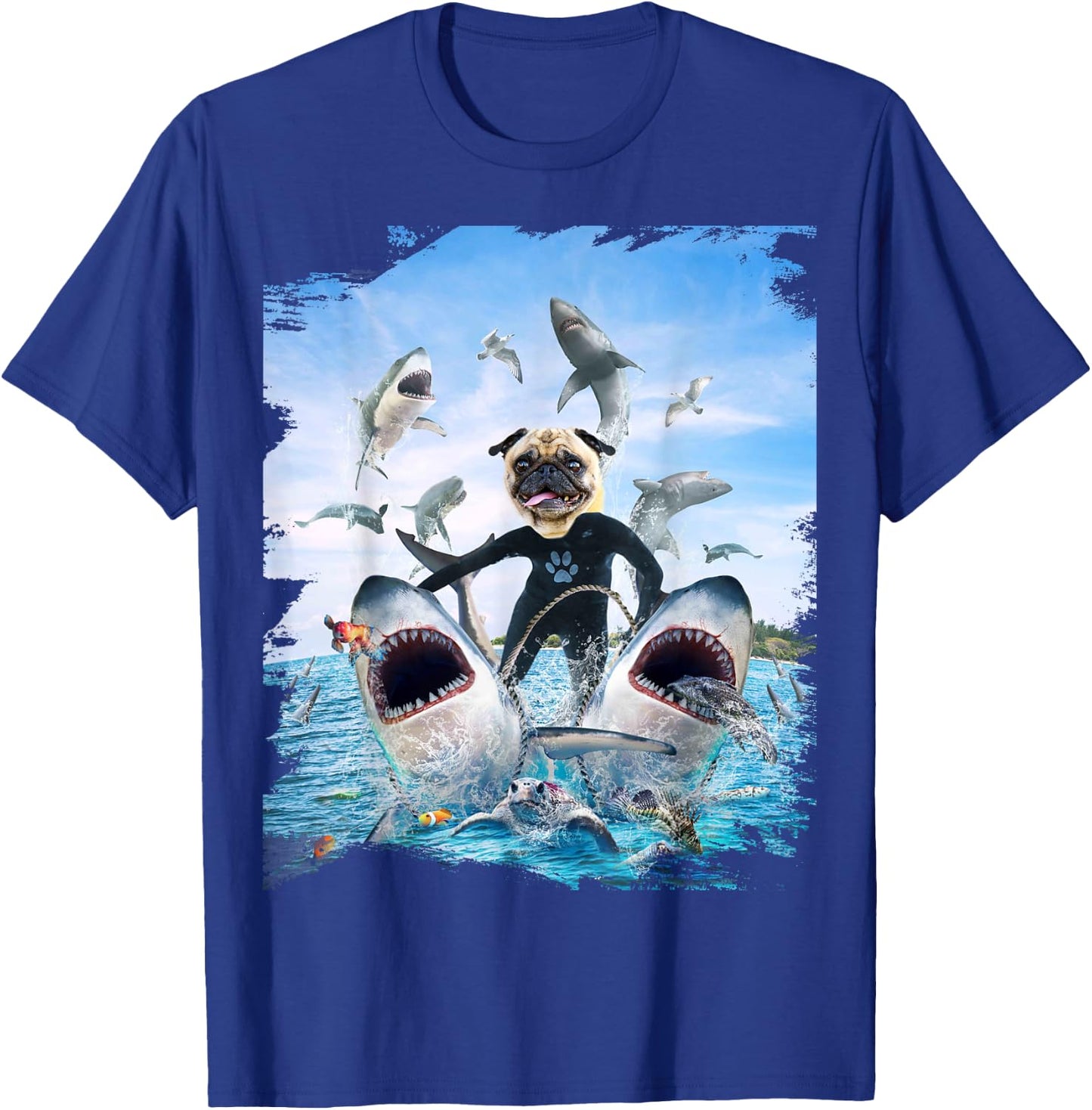 Dog Pug Riding Shark Sharks At Beach Ocean Funny Men Women Kids T-Shirt - T-Shirt | Royal