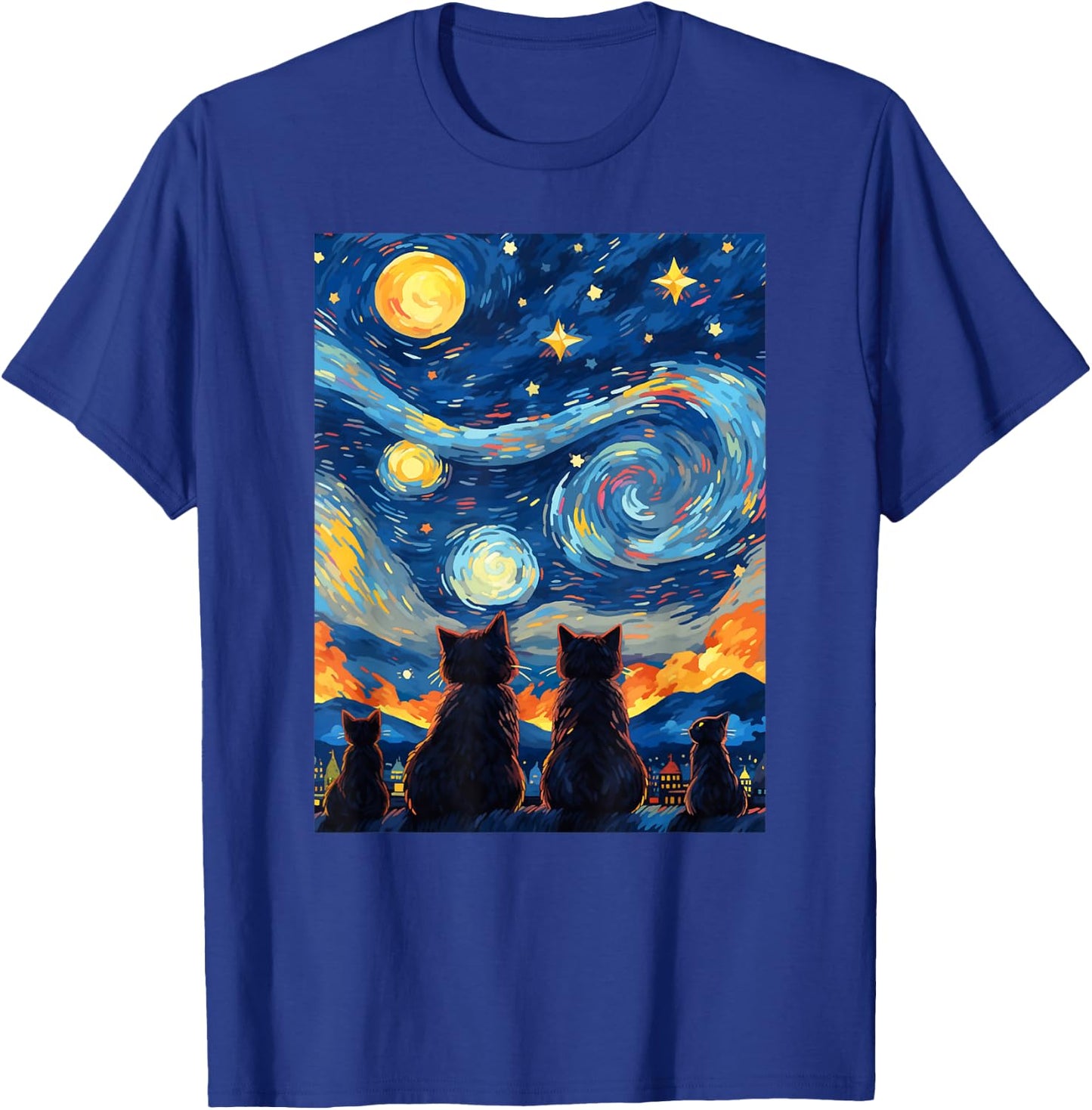 black cats Painting art Starry Night kitty kitten Van Gogh T-Shirt - T-Shirt | Royal