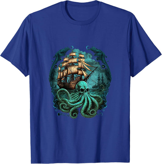 Octopus Kraken Pirate Ship Sailing T-Shirt - T-Shirt | Royal