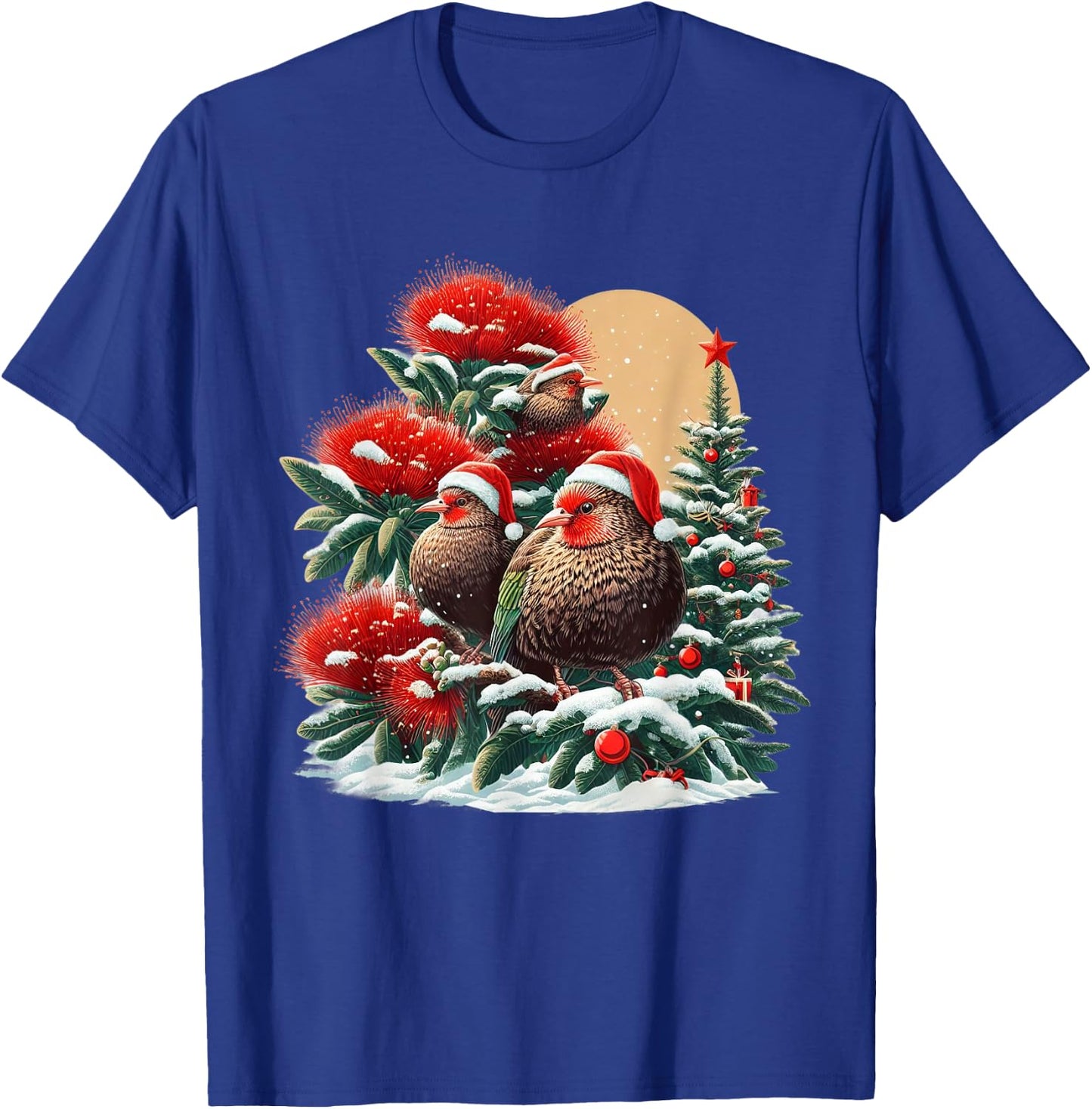 Christmas Pohutukawa Tree New Zealand Kiwi Birds Santa Hat T-Shirt - T-Shirt | Royal