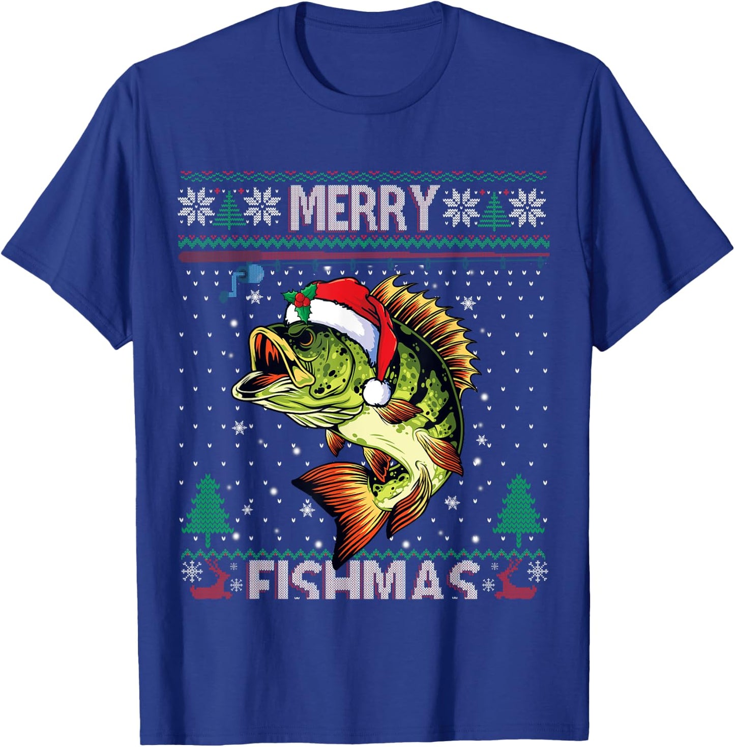 Merry Fishmas Bass Fish Fishing Christmas Ugly Sweater Xmas T-Shirt - T-Shirt | Royal
