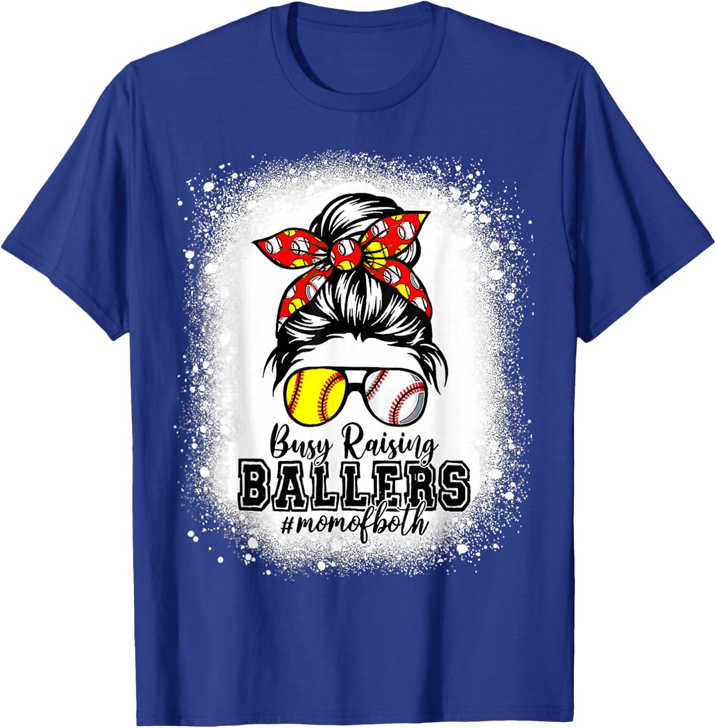 Messy Bun Mom Of Both Baseball Softball Busy Raising Ballers T-Shirt - T-Shirt | Royal