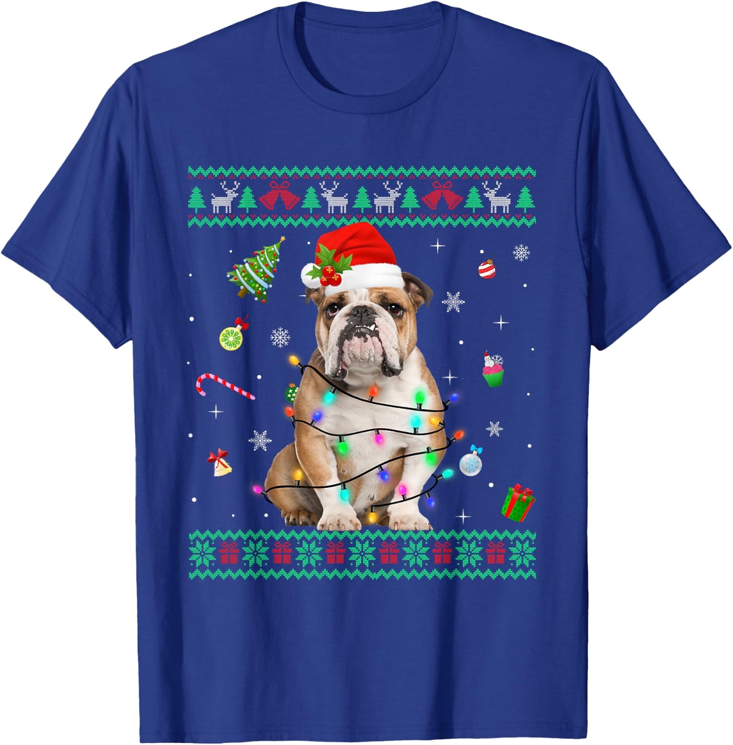 Ugly Sweater English Bulldog Dog Christmas Lights Santa Hat Women Kids T-Shirt - T-Shirt | Royal