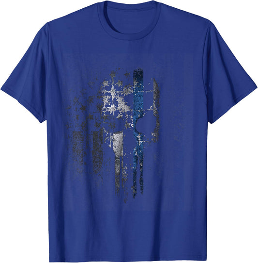 Police Thin Blue Line Support Gift USA Flag Skull T-Shirt - T-Shirt | Royal