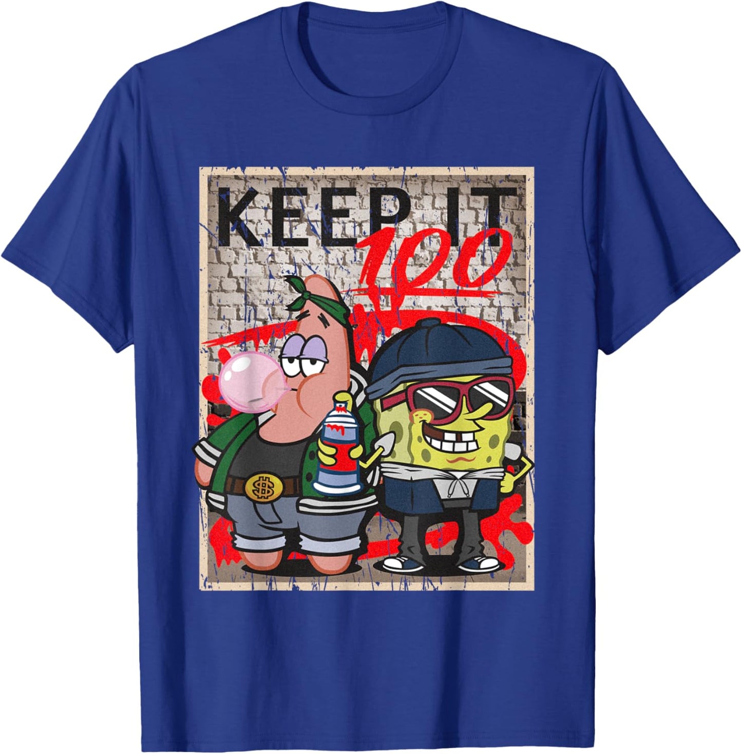 Mademark x SpongeBob SquarePants - SpongeBob and Patrick Keep it 100 Hip Hop Rap Graffiti Cool T-Shirt - T-Shirt | Royal