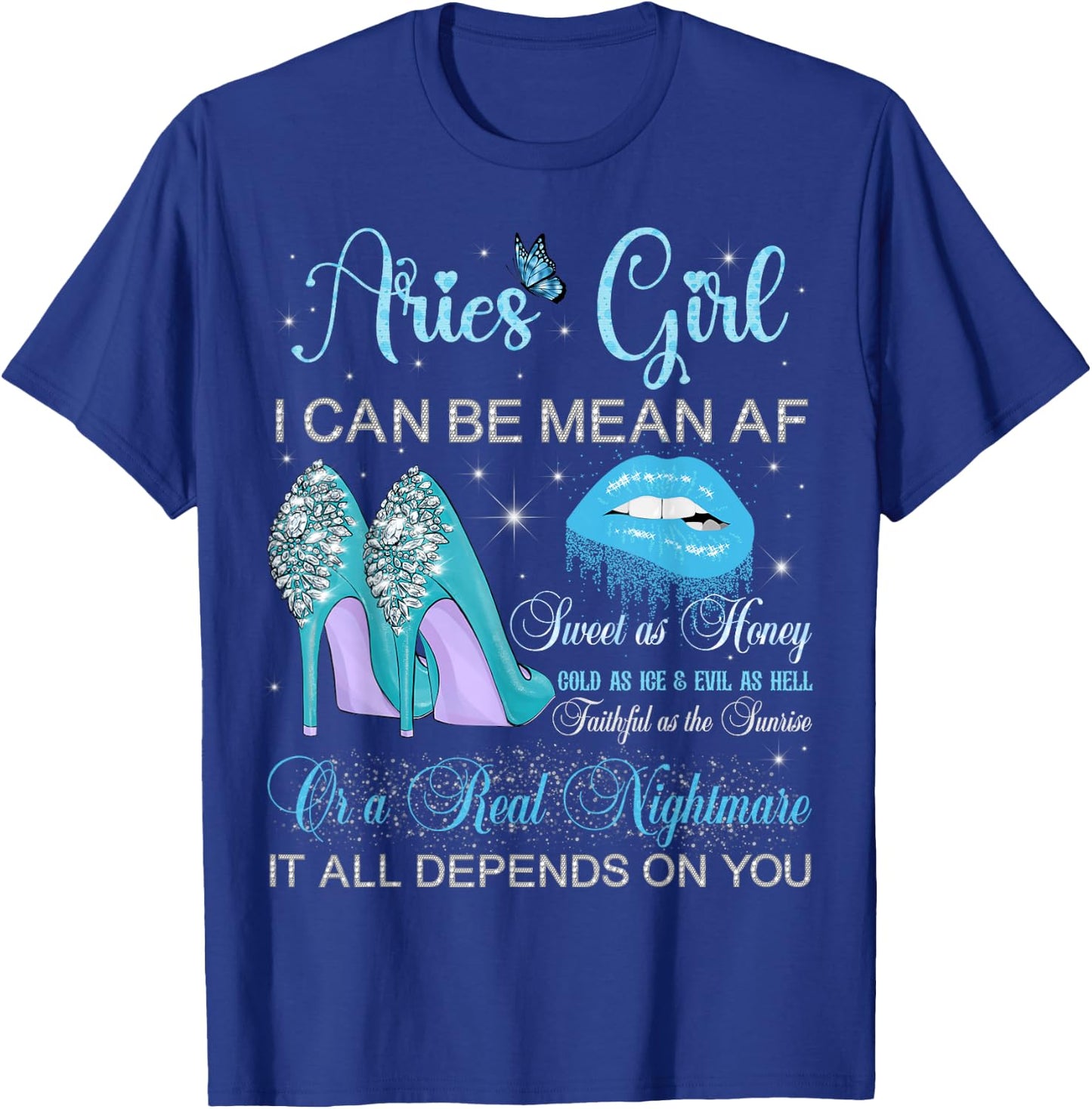 Aries Girl Birthday High Heels Dripping Lips Butterfly T-Shirt - T-Shirt | Royal