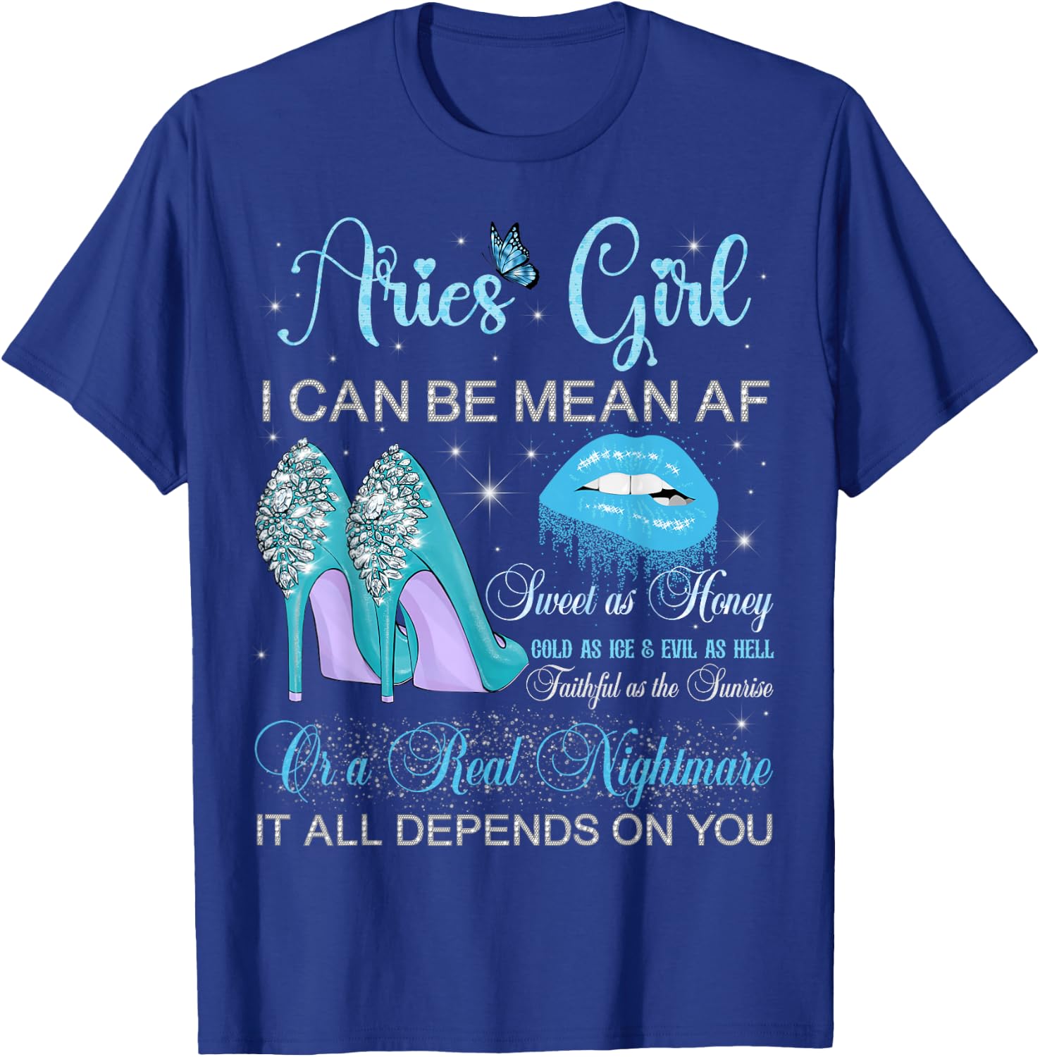 Aries Girl Birthday High Heels Dripping Lips Butterfly T-Shirt - T-Shirt | Royal
