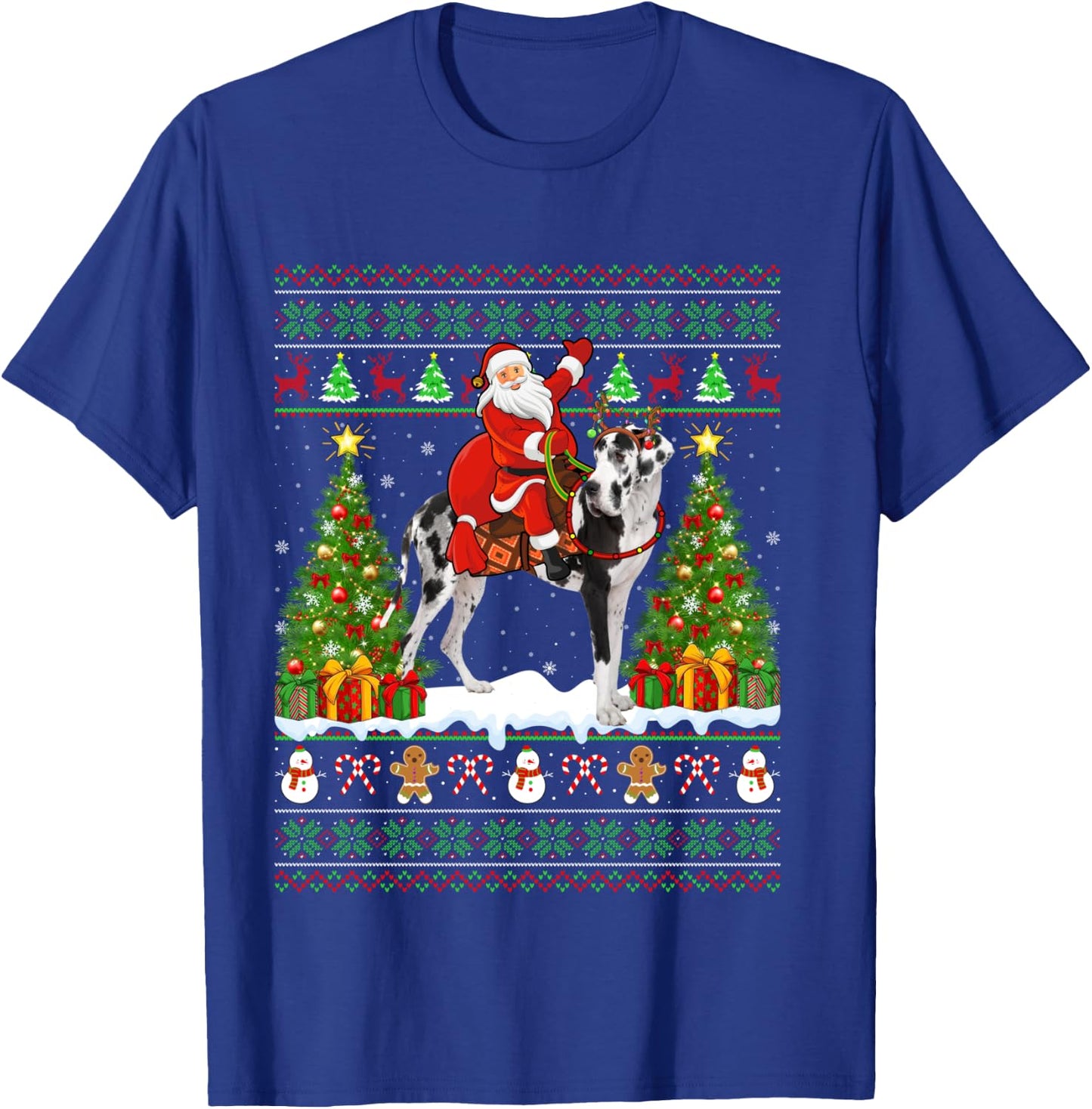 Xmas Sweater Ugly Santa Riding Great Dane Dog Christmas T-Shirt - T-Shirt | Royal