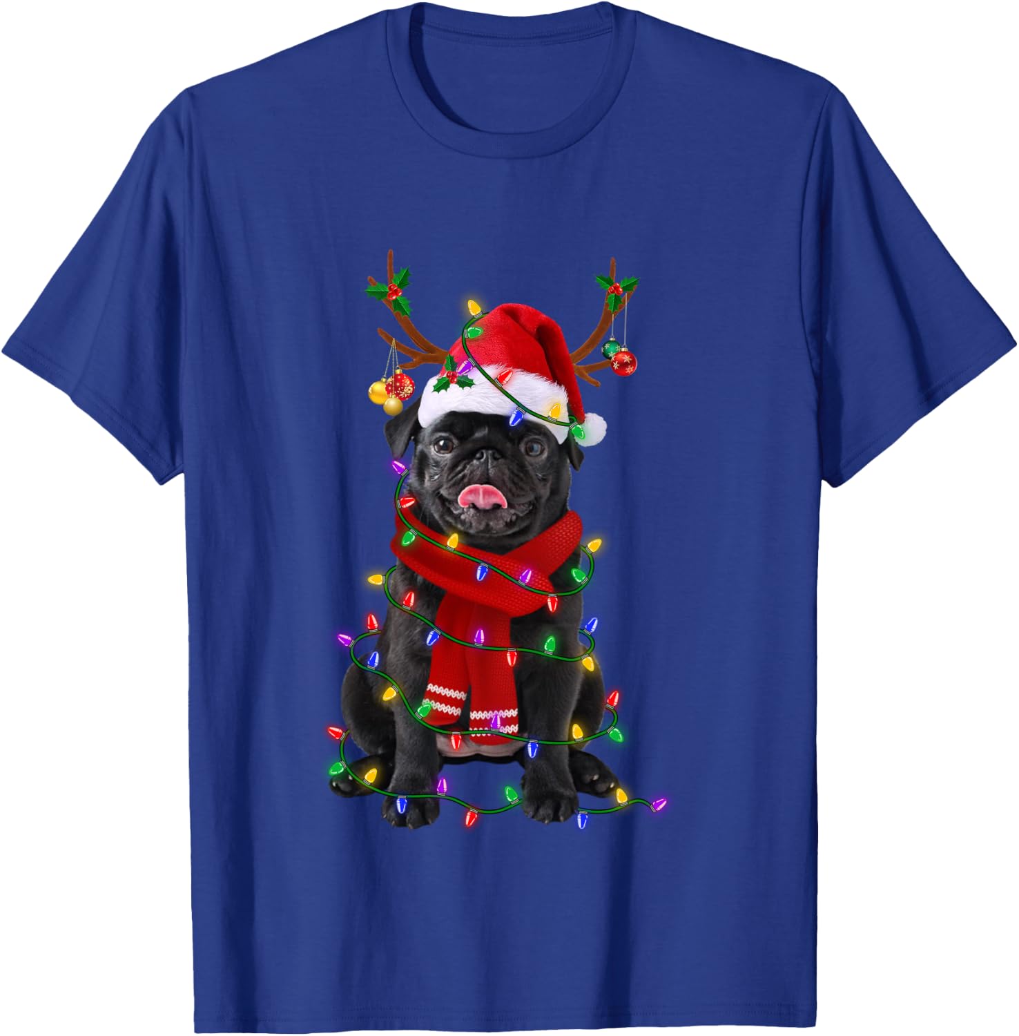 Black Pug Dog Tree Christmas Lights Xmas Pajama T-Shirt - T-Shirt | Royal