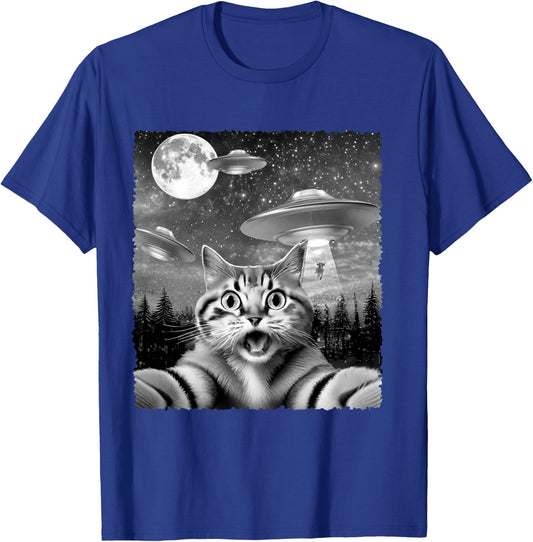 Funny Alien Cat Selfie with UFOs Gift Men Women Kids T-Shirt - T-Shirt | Royal