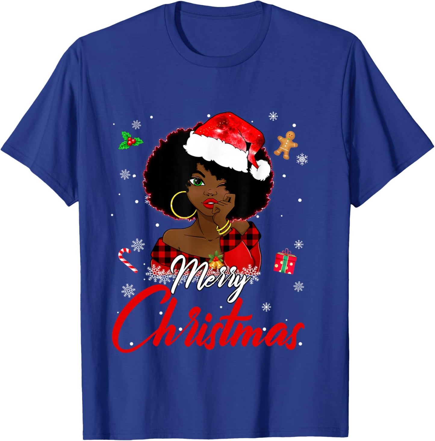 Black African Girl American Melanin Christmas Santa Hat Xmas T-Shirt - T-Shirt | Royal