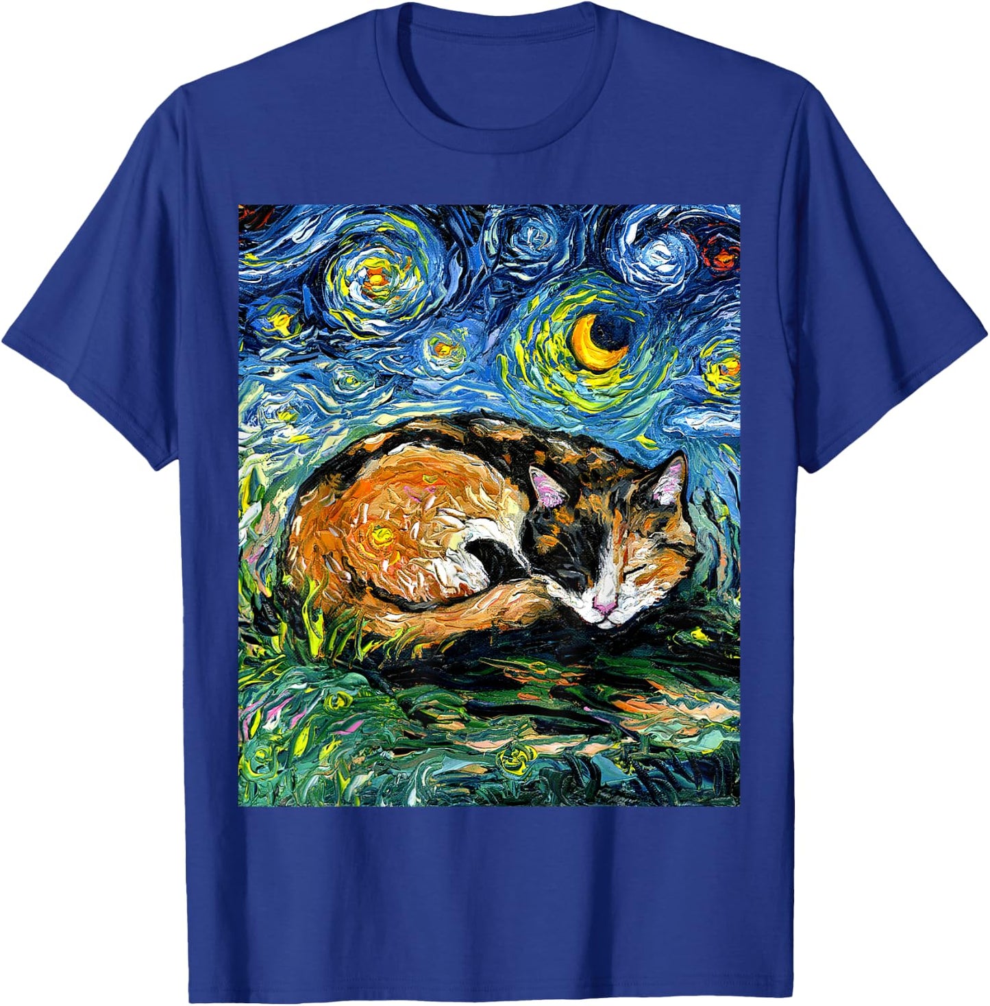 Sleeping Calico Cat Starry Night Animal Lover Pet Artwork T-Shirt - T-Shirt | Royal