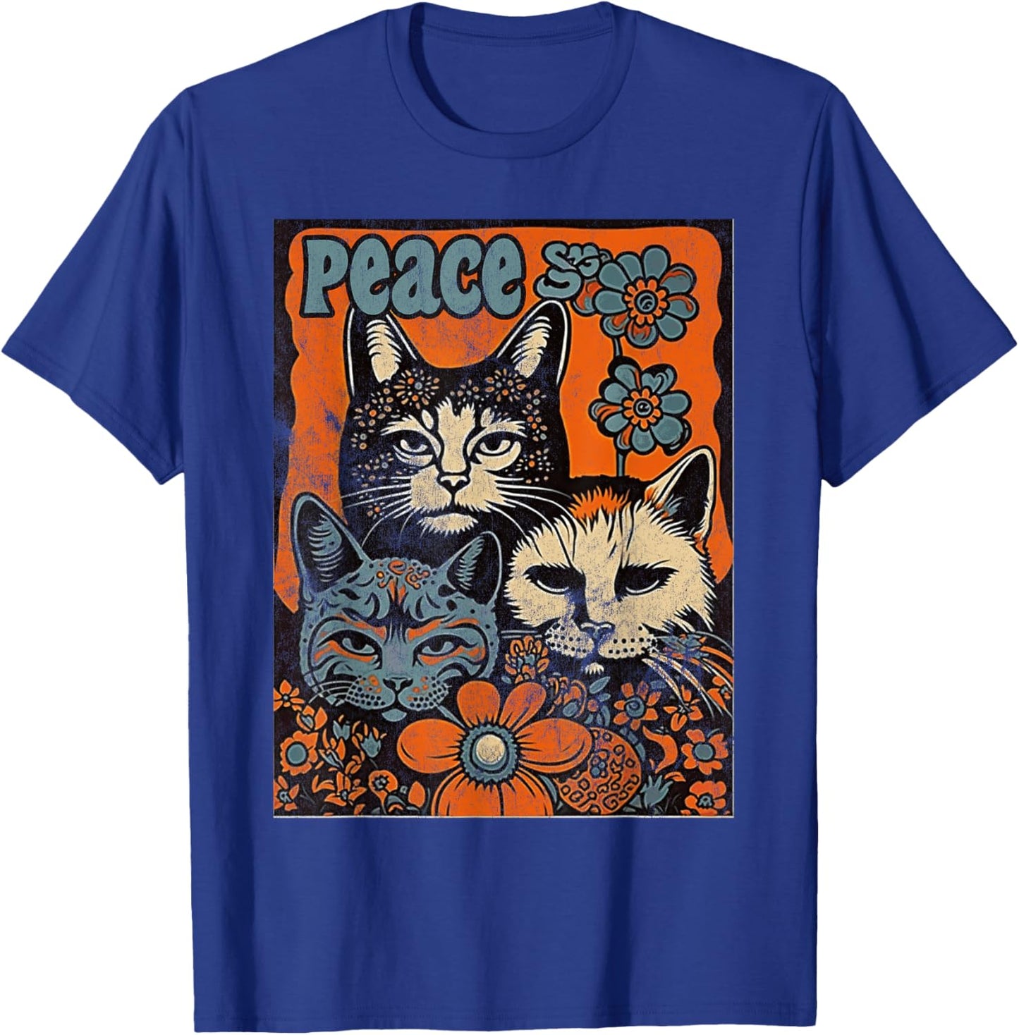 Cat Funny 60s 70s Hippie Vintage Flowers Groovy Psychedelic Men Women T-Shirt - T-Shirt | Royal