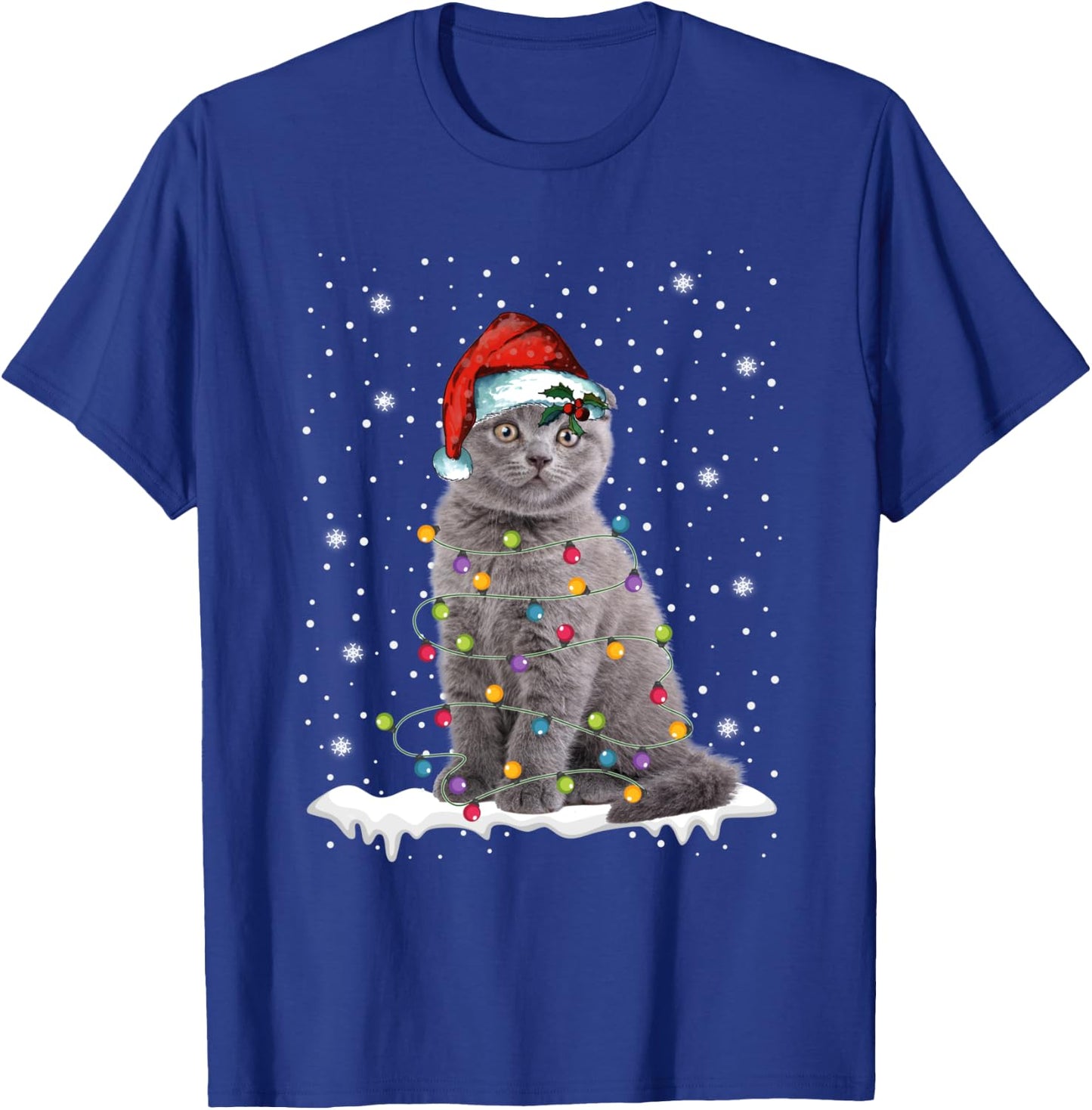 Scottish Fold Cat Funny Christmas Lights Sweater Xmas Kitten T-Shirt - T-Shirt | Royal