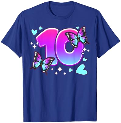 Birthday Girl 10 Years, Butterflies and Number 10 T-Shirt - T-Shirt | Royal