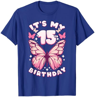15th Birthday Girl 15 Years Old Butterflies and Number T-Shirt - T-Shirt | Royal