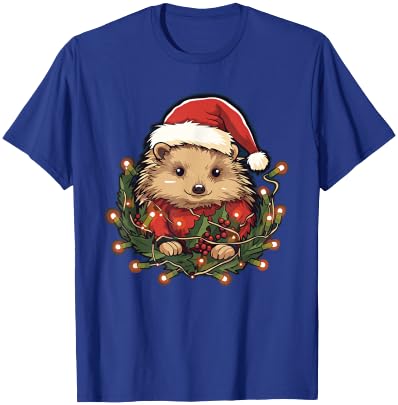 Cute Hedgehog Christmas Lights Santa Hat Xmas Pajama T-Shirt - T-Shirt | Royal