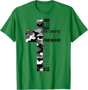 White Camo Todo Lo Puedo En Cristo Que Me Fortalece Spanish T-Shirt - T-Shirt | Irish Green