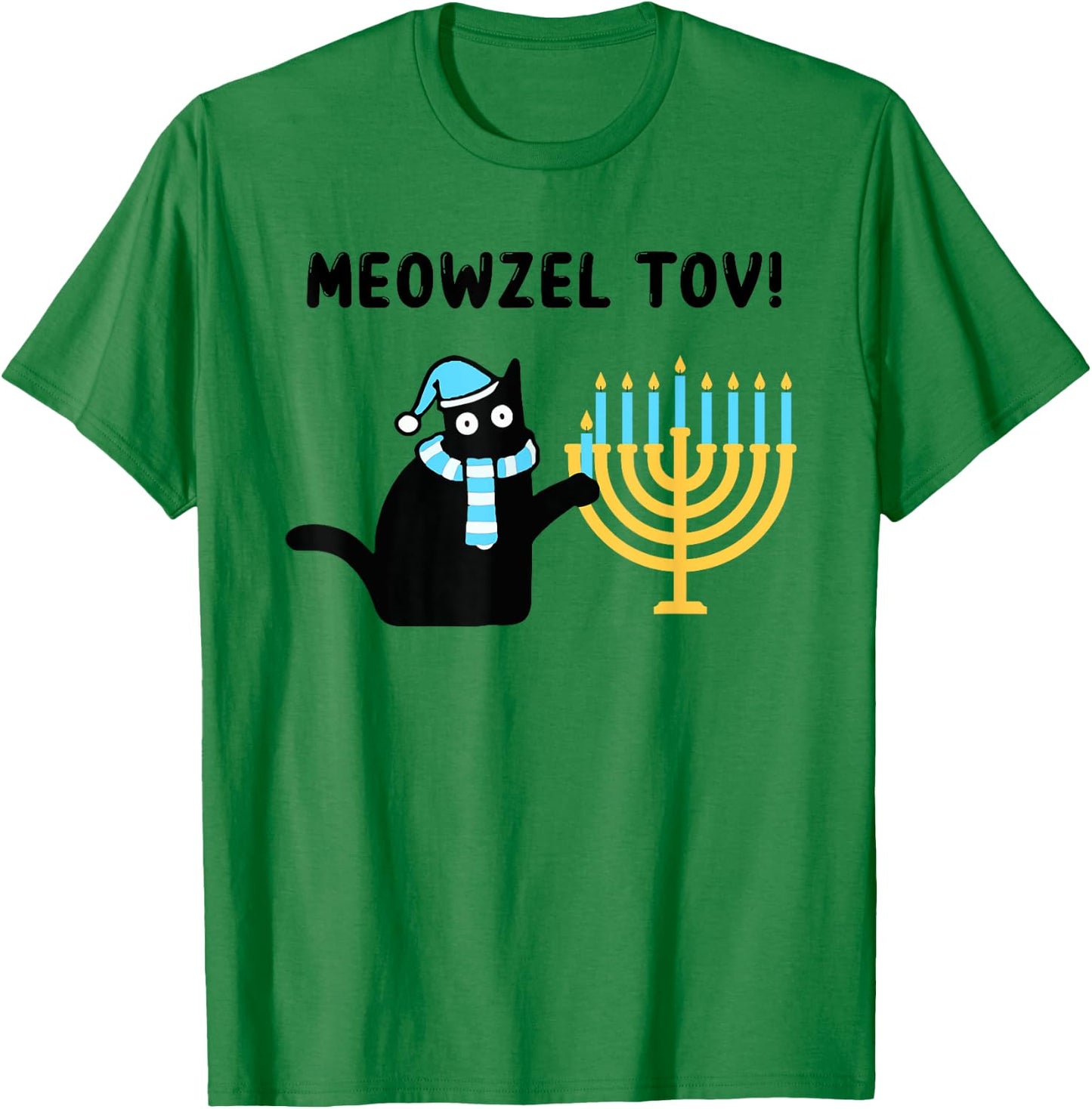 Meowzel Tov Gift Black Cat Mazel Tov Menorah Funny Hanukkah T-Shirt - T-Shirt | Irish Green