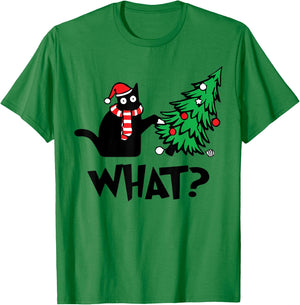 Funny Black Cat Gifts Pushing Christmas Tree Over Cat What? T-Shirt - T-Shirt | Irish Green