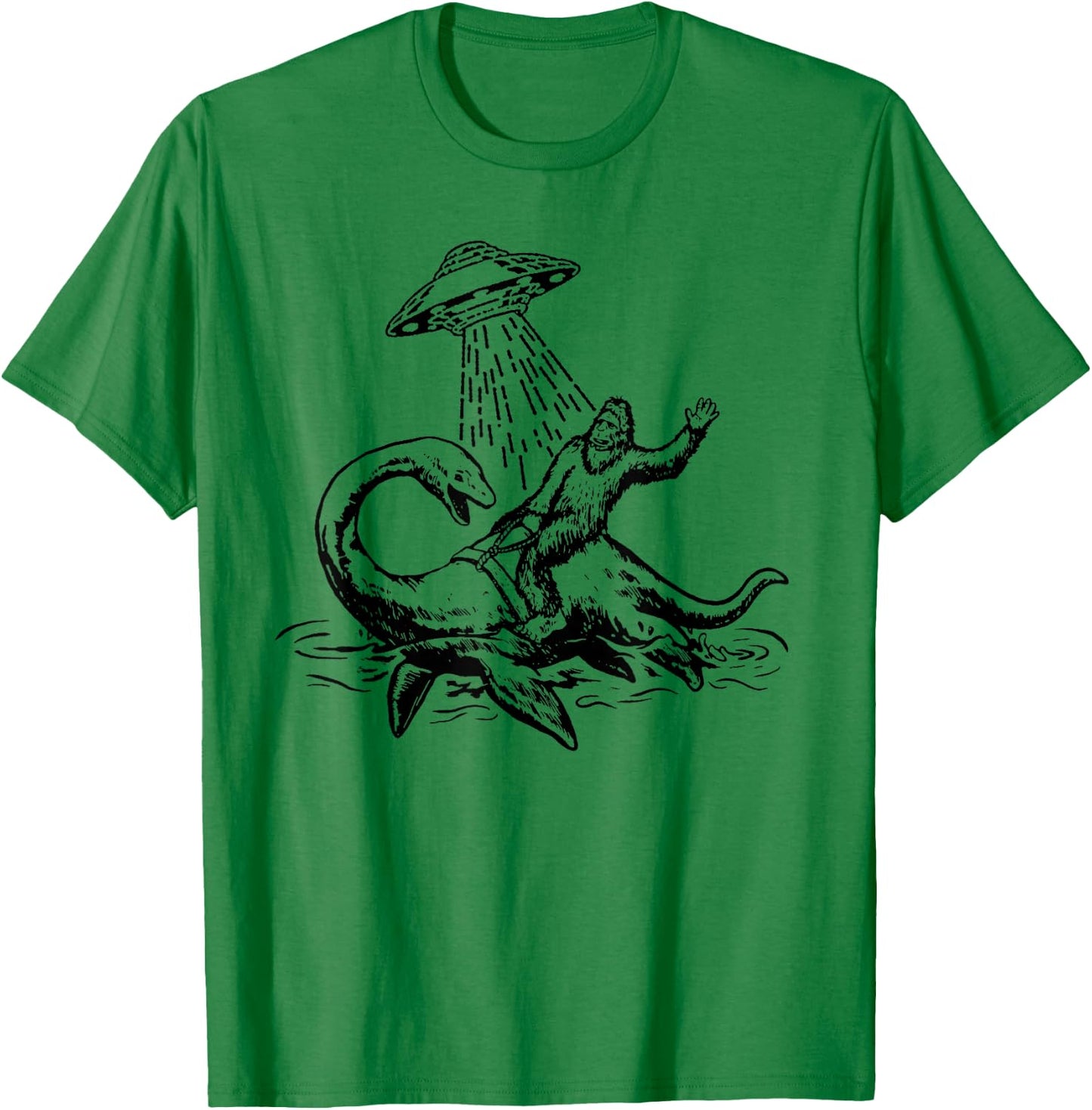 Bigfoot Riding Loch Ness Monster Funny Sasquatch Nessie T-Shirt - T-Shirt | Irish Green