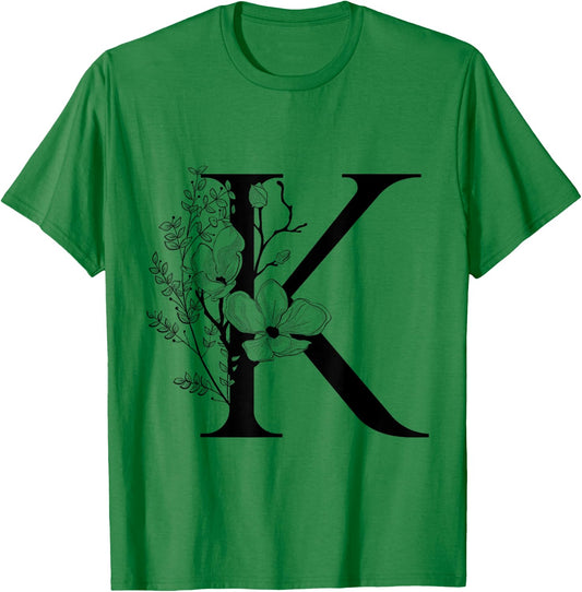 Beautiful Black Letter K Flowers Initial Floral Monogram T-Shirt - T-Shirt | Irish Green
