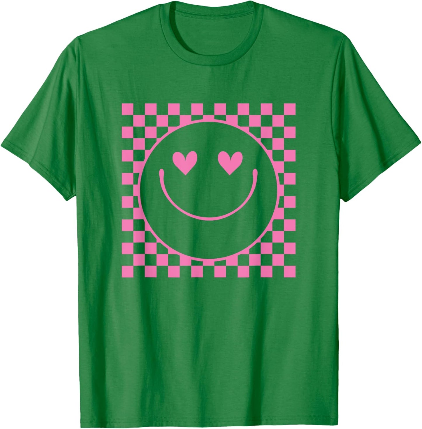 Pink Heart Eyes Smile Face Checkered Pattern Cute Happy Face T-Shirt - T-Shirt | Irish Green