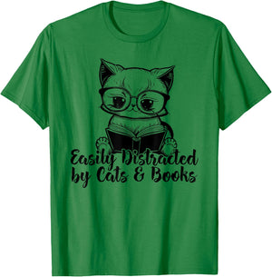 Easily Distracted by Cats And Books for Cat Lovers T-Shirt - T-Shirt | Irish Green