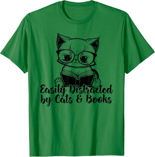 Easily Distracted by Cats And Books for Cat Lovers T-Shirt - T-Shirt | Irish Green