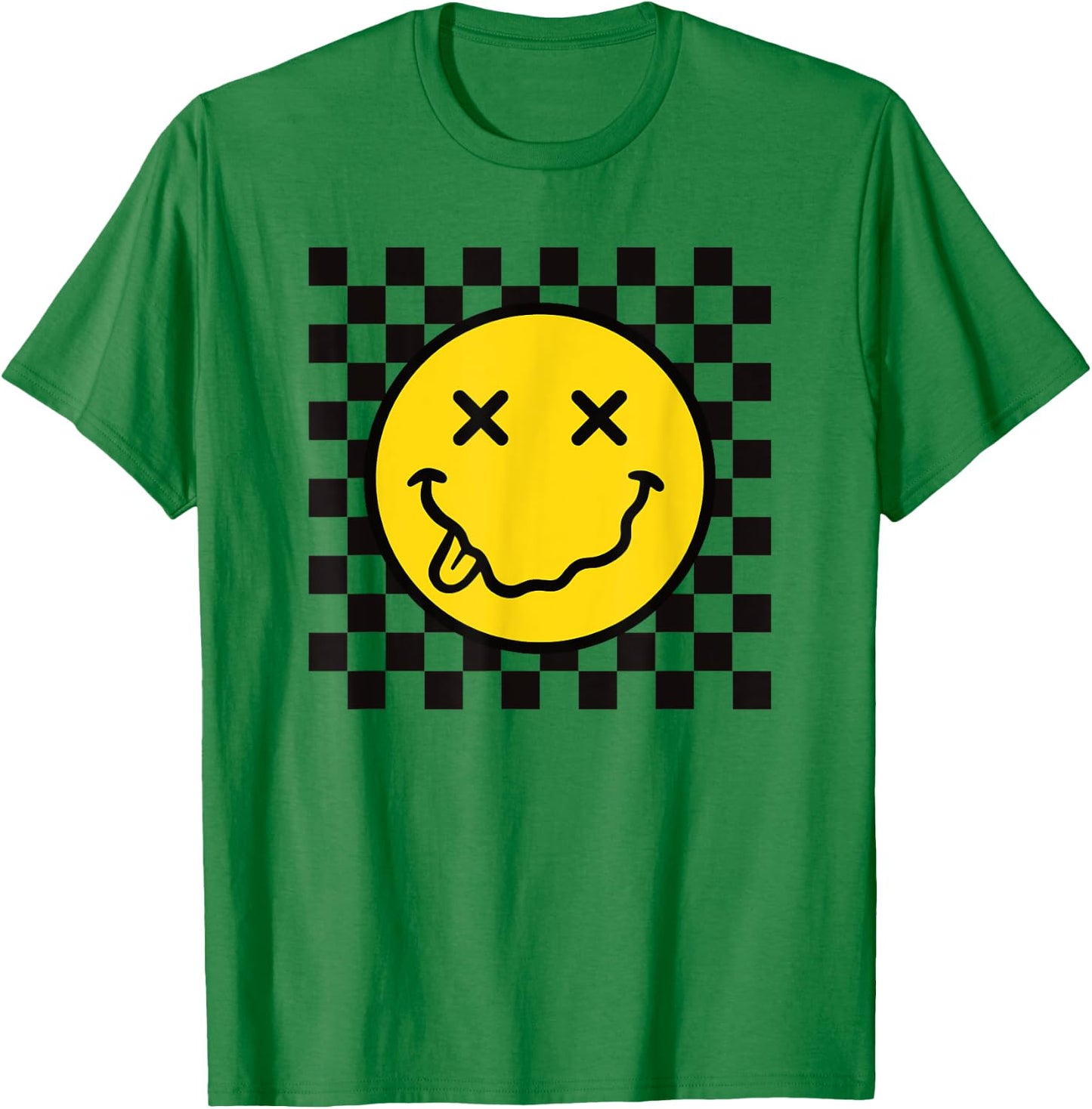 70s Yellow Smile Face Funny Tongue Out Checkered Happy Face T-Shirt - T-Shirt | Irish Green